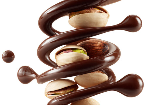 Chocolate spiral ribbon with pistachios and glossy drops isolated on transparent background