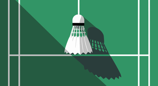 Badminton shuttlecock on court with long shadow, flat design, sport concept
