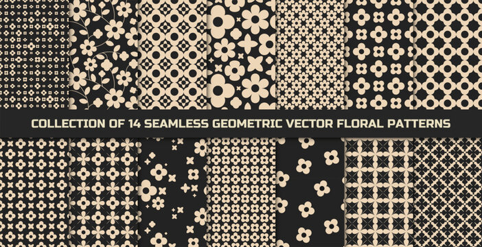 Set of 14 geometric floral seamless vector patterns. Modern abstract retro flowers background. Minimalistic trendy style.