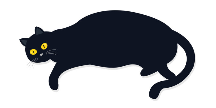 Cute laying cat. Sad face head. Yellow eyes. Funny kitten. Black silhouette icon. Kawaii pet animal. Cartoon funny character. Childish style. Happy Halloween. Flat design. White background. Vector
