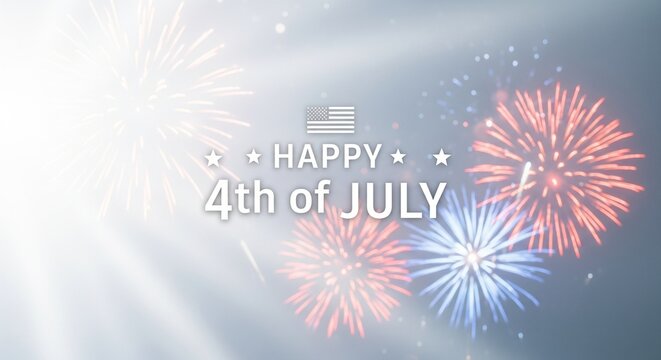 Happy 4th of July text with American flag and red blue white fireworks exploding in a bright sky with light rays and bokeh effects, festive celebration background