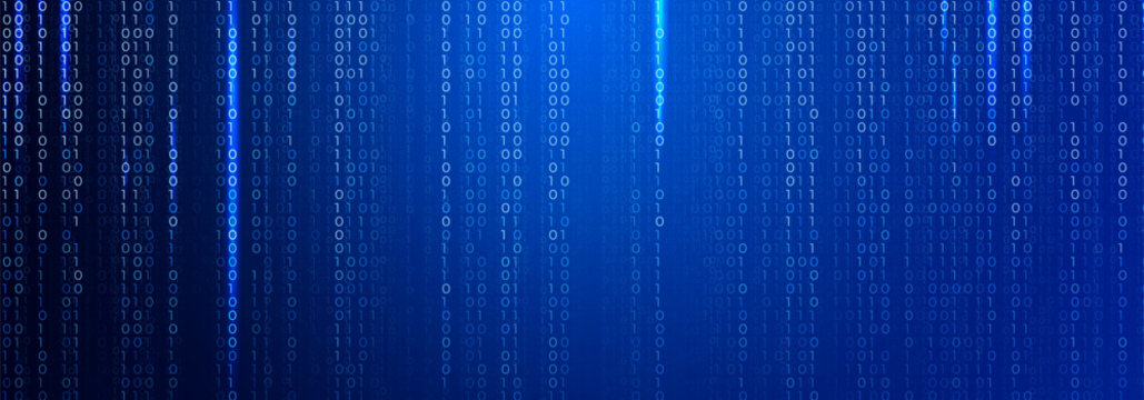1 0 Binary Code, Abstract Matrix Blue Background for Computer Data Digital Technology, Cybersecurity, SaaS, Software Cyber Tech Pattern. Information Network Texture Programming BG. Vector Backdrop