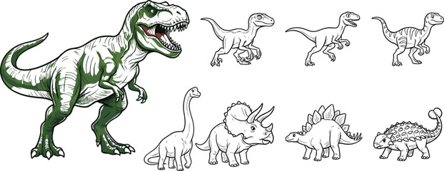 Dinosaur Illustration Collection Featuring Tyrannosaurus, Triceratops, Stegosaurus and Prehistoric Reptiles in Detailed Vector Style © MdShakil