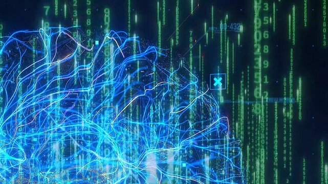 Digital Brain and Futuristic Matrix Code