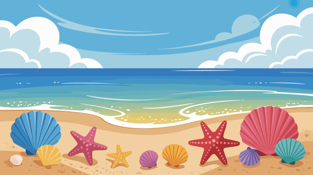 Seashore scene with colorful seashells and starfish on a sandy beach vector illustration high quality professional