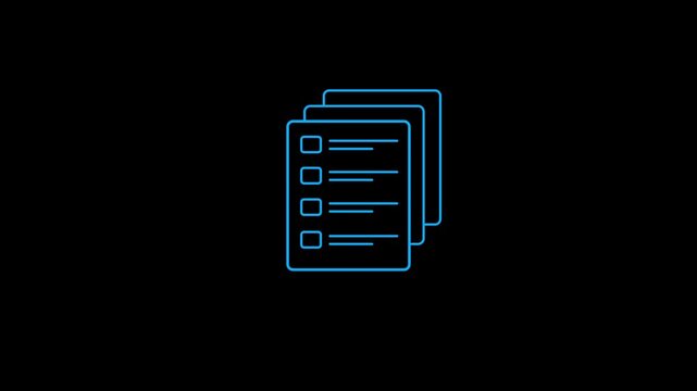 Bright blue outline symbolizing a stack of documents or a to-do list with four entries presented on a dark black background