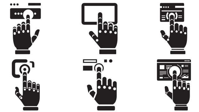 Robotic hands tapping touchscreen and digital interface icons, futuristic automation control gestures for smart technology interaction and user interface design