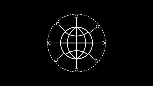 White outline of a globe connected to surrounding nodes by thin lines and a dashed circle representing global network or connectivity concept