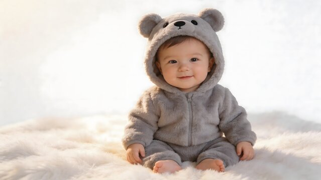 Baby in bear costume sitting on fluffy surface