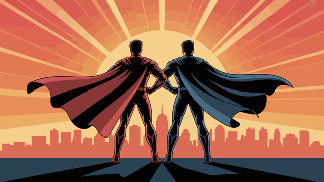 Two superhero figures standing back to back with a cityscape and sunburst background high quality professional