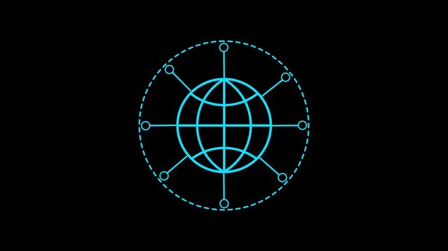 Cyan outline of a globe connected to surrounding nodes by thin lines and a dashed circle representing global network or connectivity concept