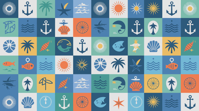Nautical pattern with marine life and symbols in a tiled arrangement vector illustration high quality professional