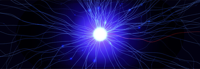 Obraz premium Neural Network Brain Neurone Synapse Connections Lightning Ball Energy Glow. Machine Learning Technology Background for AI Data Flow, BigData, Medical Science Research, Biotech. Vector illustration