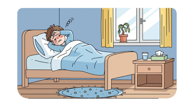 Feeling Unwell: A Sickness Depiction Showing a Child Bedridden with a High Temperature