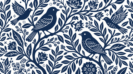 Seamless Folk Art Bird Pattern Featuring Floral Branches and Decorative Nature Motifs in Blue Vector Style © MdShakil