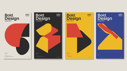 Four abstract graphic design posters with bold geometric shapes and typography 2027 collection high quality professional © Peradox