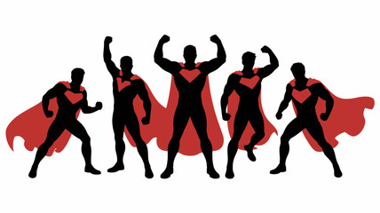 Five superhero silhouettes with red capes against a white background high quality professional detailed modern elegant © Peradox