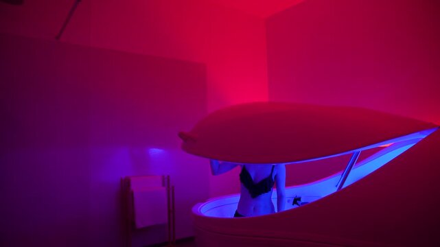 Woman settling into hyper saline flotation tank in spa, wellness, stress relief, mindfulness, mental health and self care.