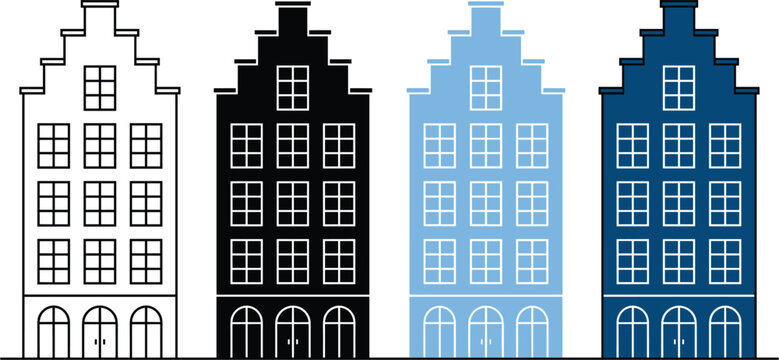 Traditional European townhouse illustration set with colorful facades narrow buildings and classic urban residential architecture designs