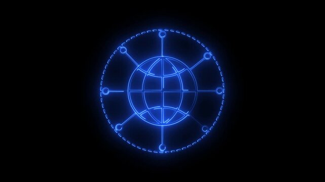 Bright blue neon glow of a globe connected to surrounding nodes by thin lines and a dashed circle representing global network or connectivity concept