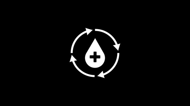 White of a drop with a plus sign inside, surrounded by a circular arrow symbol on a black background representing donation and medical care services