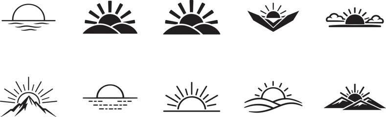Minimalist sunrise and sunset line art icon set with hills, horizon and nature landscape scenes.. © Md Ataullah 