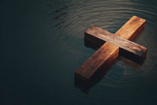 Wooden cross floating on dark rippling water during a solemn twilight