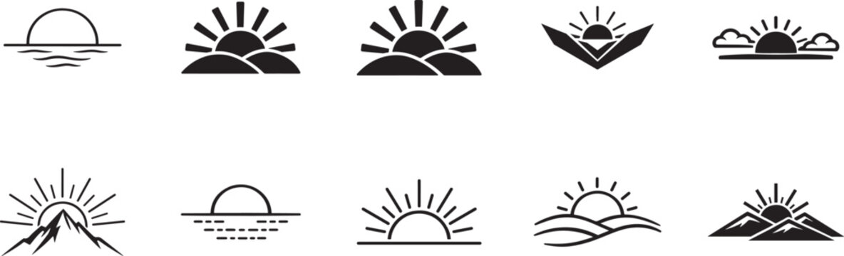 Minimalist sunrise and sunset line art icon set with hills, horizon and nature landscape scenes..