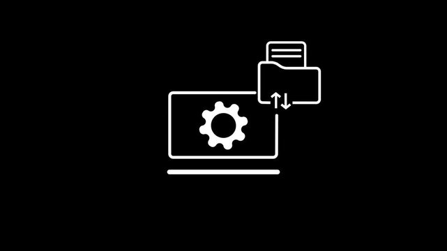 White line set on a black background depicting a laptop screen with a gear symbol, and a folder with up and down arrows indicating file transfer or data synchronization. Keywords: white
