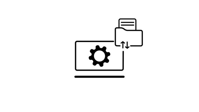 Black line on a white background showing a laptop screen with a gear symbol and a folder with up and down arrows, representing file transfer or data synchronization. Keywords: black line