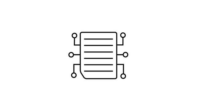 A minimalist black outline of a document or paper with horizontal lines representing text, connected by lines to four circular nodes on a clean white background, symbolizing data