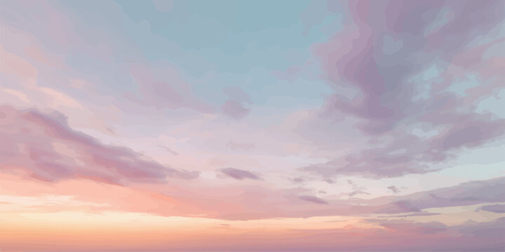 Pastel pink and blue clouds in a soft sunset sky with dreamlike, peaceful