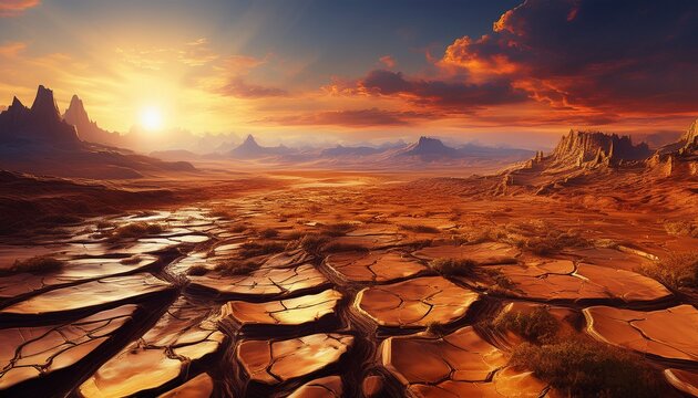 sunbaked cracked earth resembling a barren alien plane with distant mountains under a golden sky