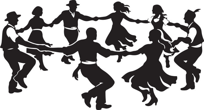 silhouette of group folk dancers in circle 