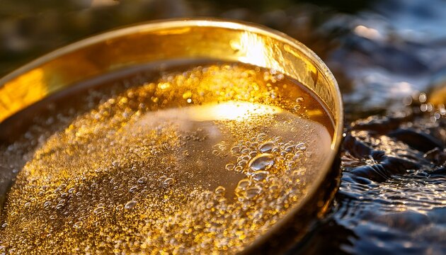 a close up of a gold pan filled with shimmering flecks in flowing water showcasing vibrant bubbles and reflections under sunlight ideal for nature themes