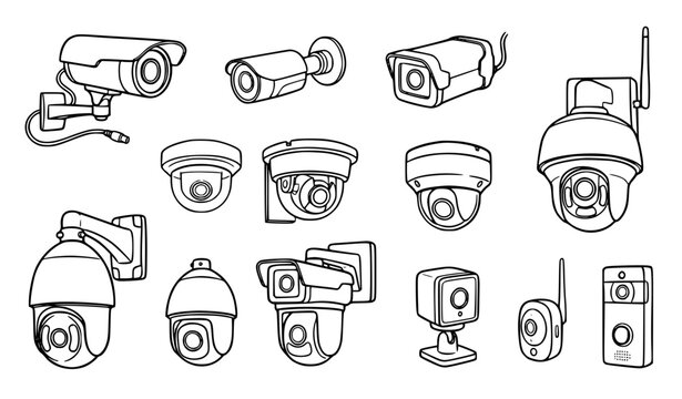 Surveillance CCTV Camera Sketch Icon Set Black White Security Vector Collection