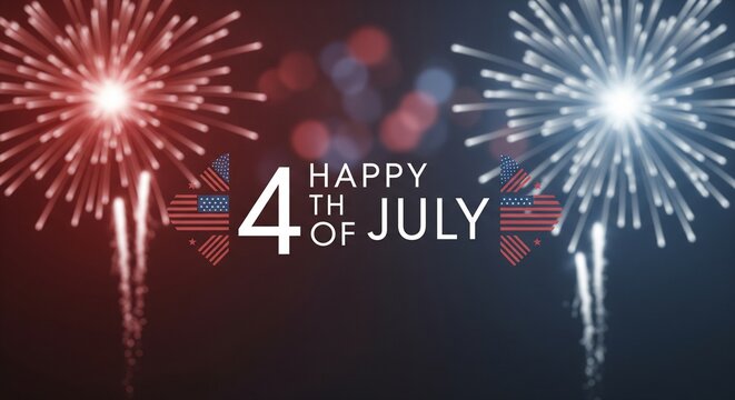Happy Fourth of July celebration with red and blue fireworks exploding in the night sky, featuring patriotic American flag heart graphics and bokeh lights, festive holiday graphic design concept