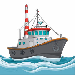 Fototapeta premium Cartoon Tugboat Sailing on Blue Waves