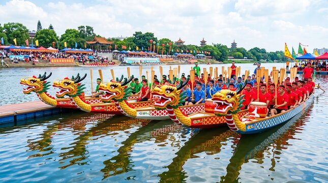 Dragon Boat Race Traditional Colorful Dragon Heads on Water Cultural Festival Event