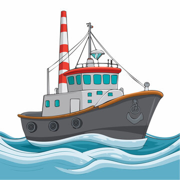 Cartoon Tugboat Sailing on Blue Waves