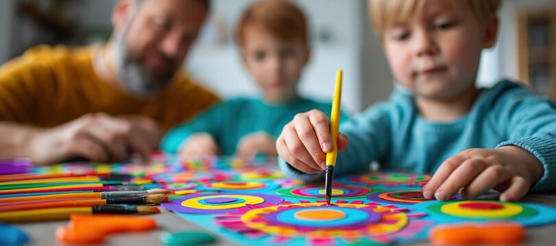 Father and children planning craft project at table with colorful materials