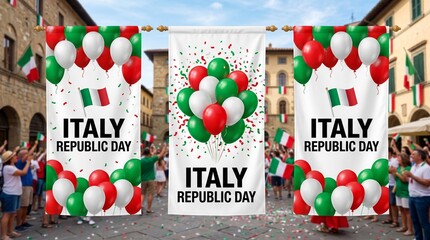 Italy Republic Day Celebration Banner with Italian Flag Balloons and Festive Decoration