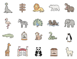 Fototapeta premium Cute zoo animal sticker set featuring lion, elephant, panda, and more. Minimalist hand-drawn doodle illustrations for kids, education, and scrapbooking. Isolated vector elements on white.