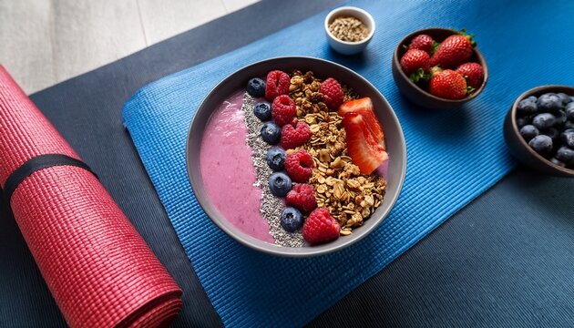 fresh vegan smoothie bowl with berries and granola alongside a rolled yoga mat on a stylish flat surface with natural accents for wellness focused lifestyle