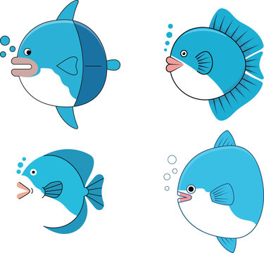 Set of cute sunfish vector illustrations featuring blue round fish characters with bubbles for marine life branding and aquatic designs
