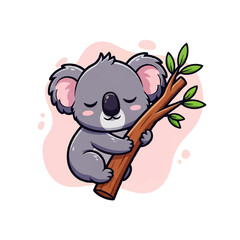 Fototapeta premium Cute vector flat design illustration of a sleepy koala hugging a tree branch with green leaves, peaceful and adorable