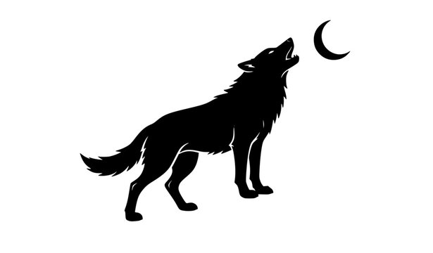 Wolf howling at moon silhouette vector wild nature illustration
