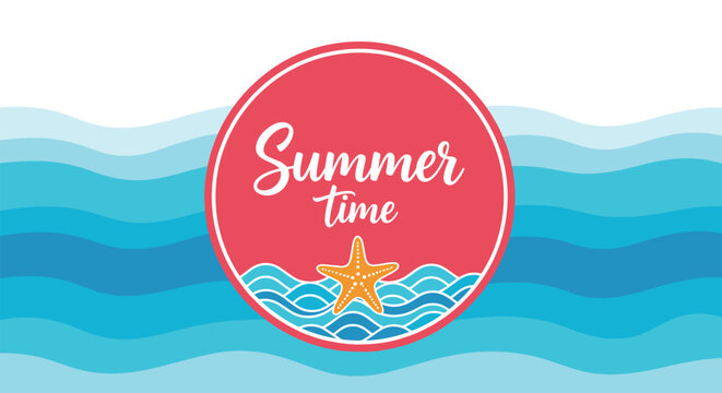 Summer time banner design with a pink circular frame featuring a yellow starfish over blue stylized ocean waves and a bright white background.