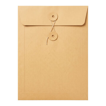 Brown kraft paper string-tie envelope for documents or mail, top view. Isolated on transparent background, png