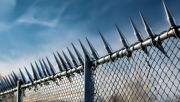 sharp metallic spikes along the top of a chain link security fence
